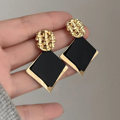 Double Color Rhombus Dangle Earrings Women Hollow Golden Jewelry