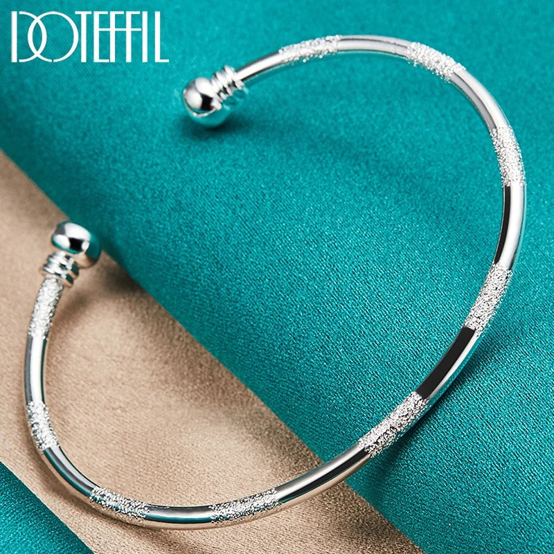 DOTEFFIL 925 Silver Double Beads Cuff Bangle Smooth Matte Bracelet