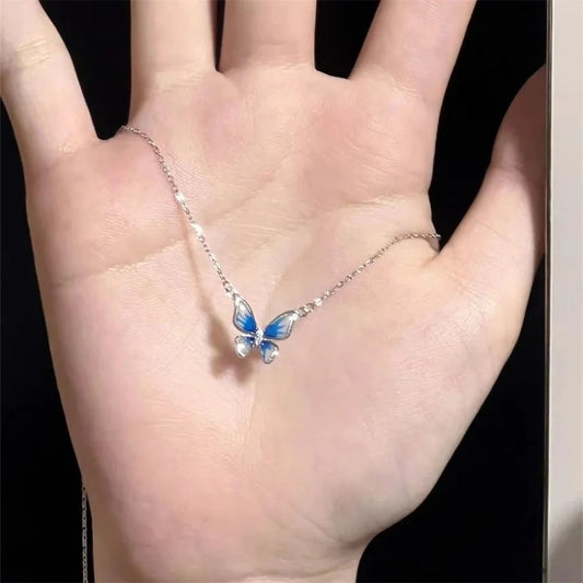 Simple Gradient Color Butterfly Pendant Necklace Fashionable Collarbone Chain Necklace For Women Trendy Jewelry Accessories