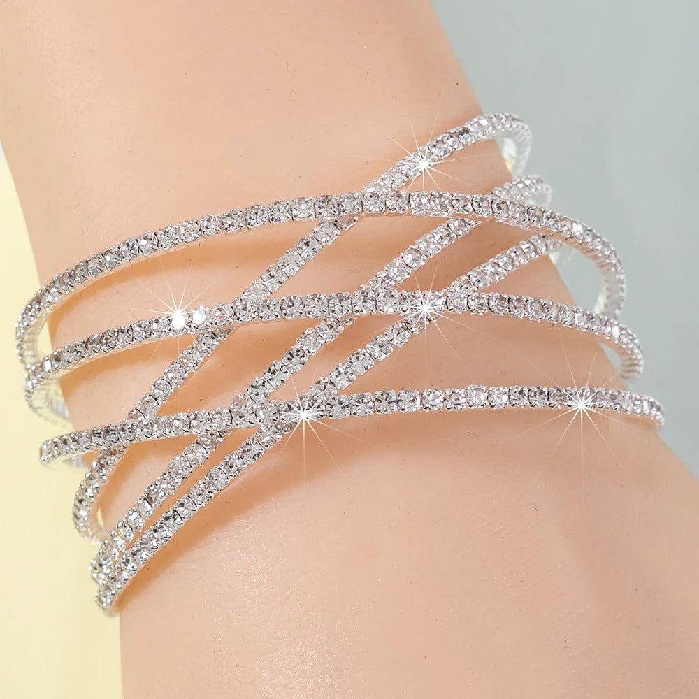 6 Layer Rhinestone cuff Bracelet Elastic Metal bangle Women