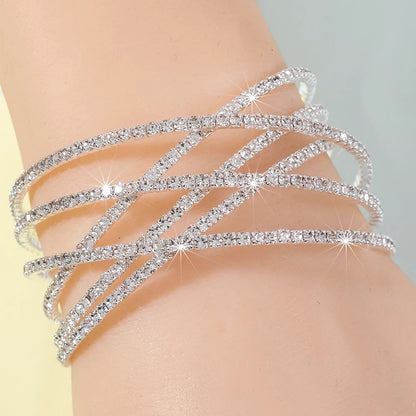 6 Layer Rhinestone cuff Bracelet Elastic Metal bangle Women