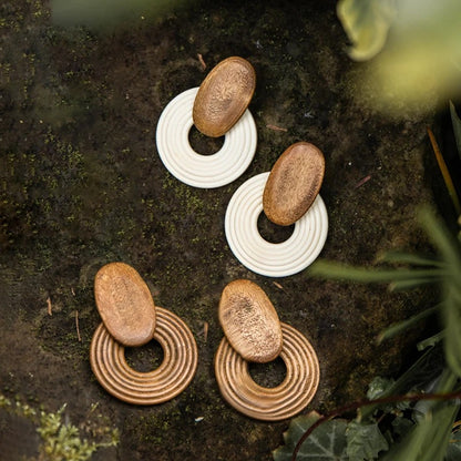 Unique Wooden Round Drop Earrings Handmade Women Jewelry