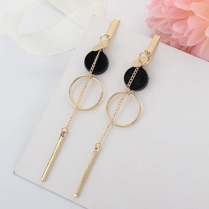 Trendy Long Tassel Drop Earrings Black Acrylic Metal Circle for Women
