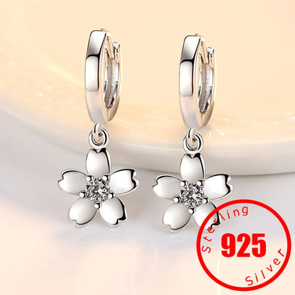 925 Sterling Silver Cherry Blossom Earrings Women Pink White Zircon