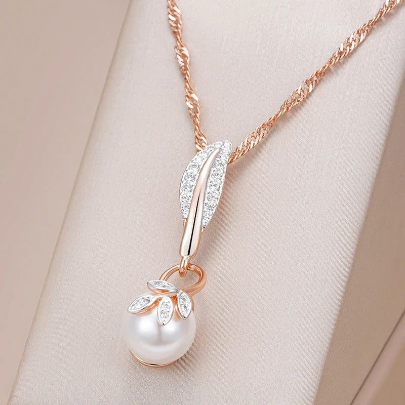 Kinel Hot Crystal Flower Pearl Pendant Necklace for Women 585 Rose Gold Silver Color Mix Boho Ethnic Wedding Jewelry Gift