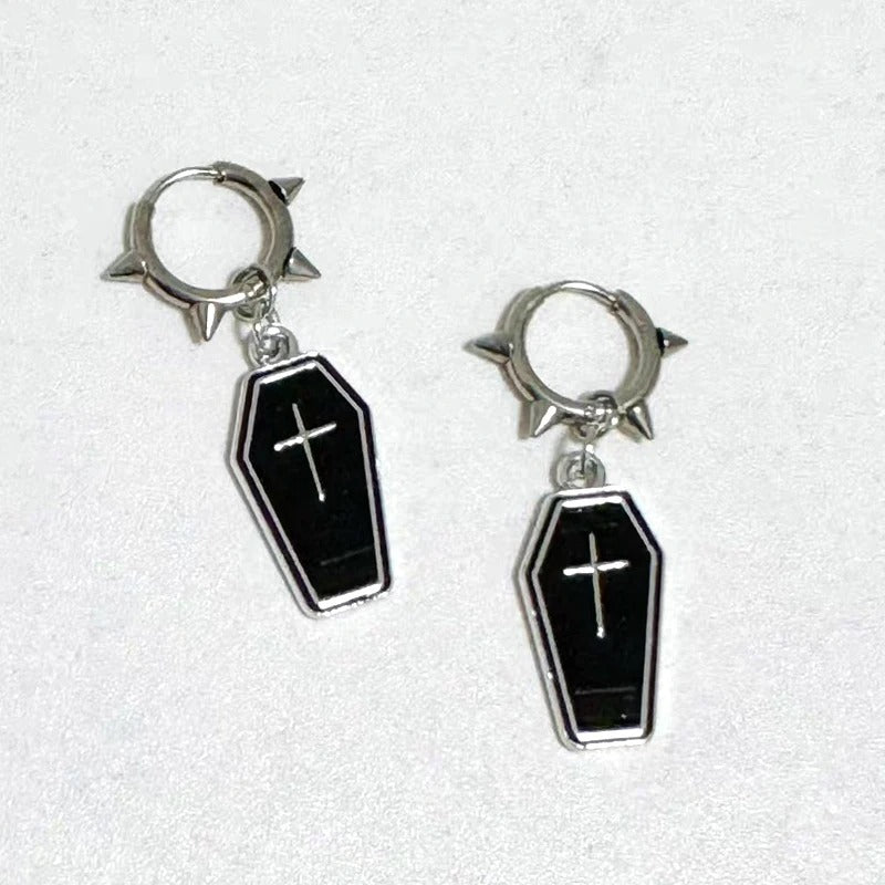 Punk Rivet Coffin Cross Earrings Women Gothic Korean Fashion Jewelry