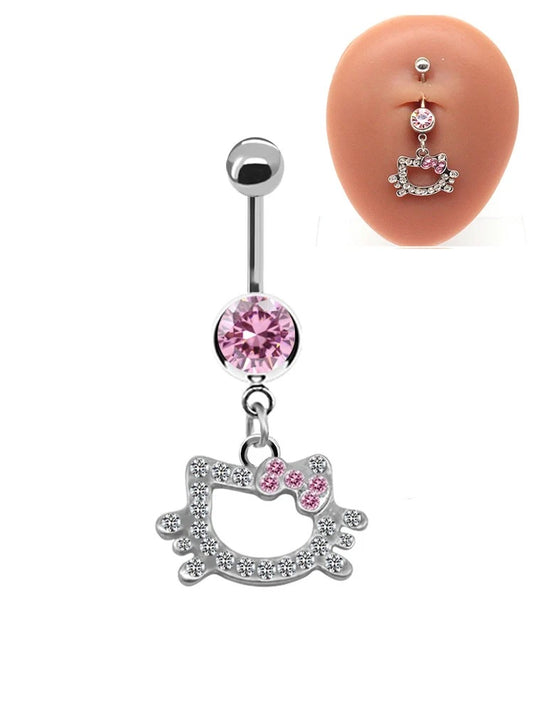 Trendy Pink Butterfly & Cute Cat Navel Ring – Stainless Steel Belly Button Piercing for Women