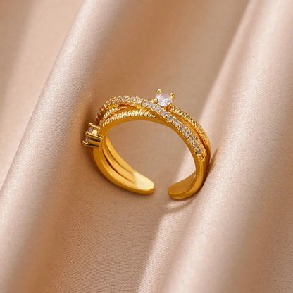 Gold Cross Zircon Open Ring Stainless Steel Minimalist Adjustable Jewelry for Women.