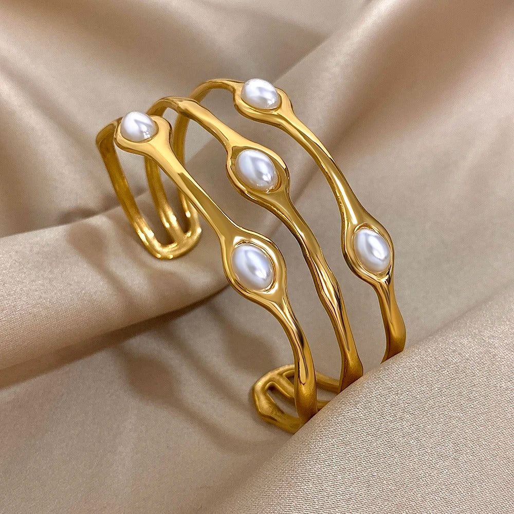 Vintage Layered Gold Plated Pearl Stainless Steel Bangles Bracelet for Women Men Bohemia Wide Open Cuff Wrist Party Jewelry Gift