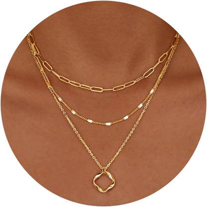 Layered Gold Necklaces for Women Stackable 14K Gold Silver Plated Circle Paperclip Chain Pendant Choker Necklace Set For Woman
