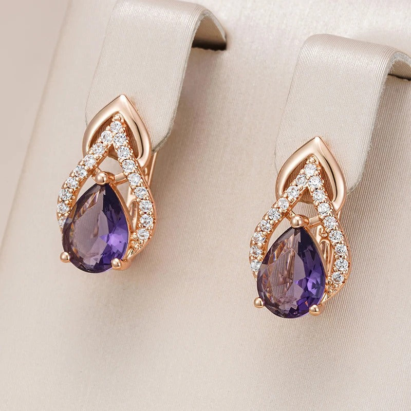 Purple Water Drop Natural Zircon English Earrings Women 585 Rose Gold Vintage Wedding Party Fine Daily Jewelry