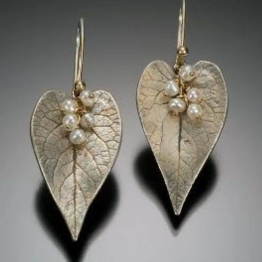 Vintage Silver Pearl Leaf Dangle Earrings Ethnic Metal Carving