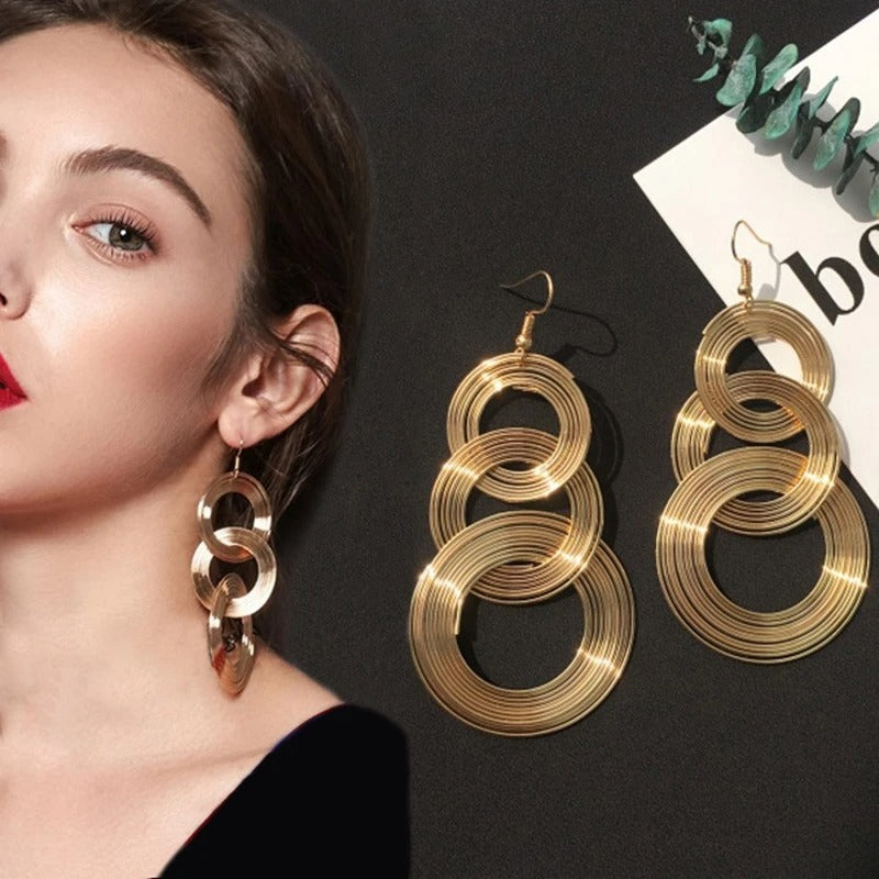 Gold 3 Circle Geometric Long Dangle Earrings Women Boho Jewelry