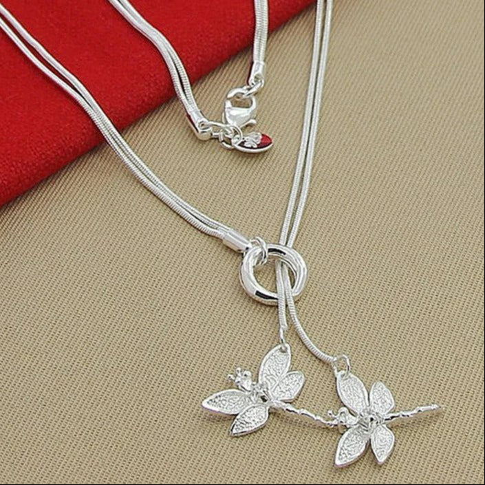 925 Sterling Silver Two Dragonfly Pendant Necklace For Women Snake Chain Necklace Wedding Engagement Jewelry