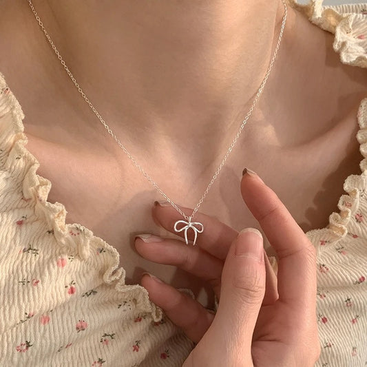 925 Sterling Silver Cute Bowknot Pendant Necklace For Women Girl Charm Chain Fashion Jewelry Accessories