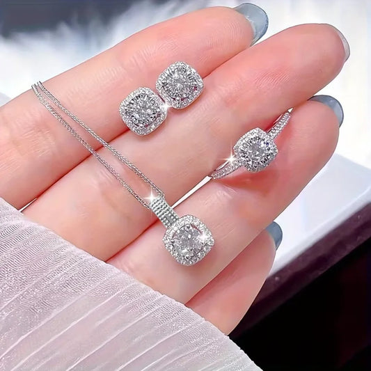 Luxury 3PCS Zircon Jewelry Set – Shiny Geometric Necklace, Earrings & Ring
