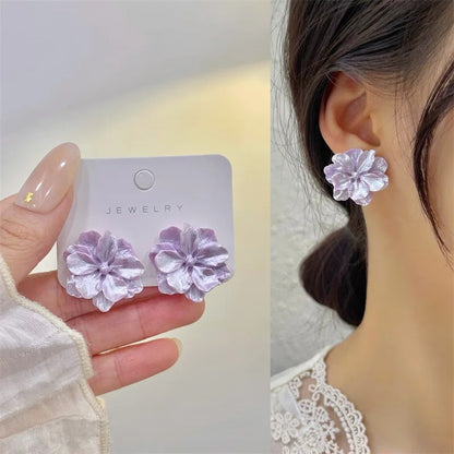White & Purple Flower Stud Earrings Cute Acrylic Camellia