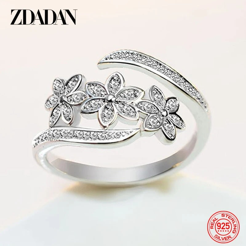 ZDADAN 925 Silver Adjustable CZ Flower Ring for Women