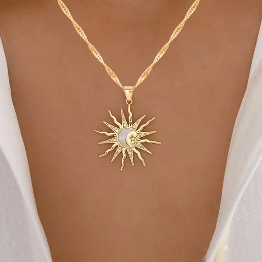 Shining Sun, Star & Moon Pendant Necklace Retro Rhinestone Three-in-One Design for Women, Versatile Party Jewelry