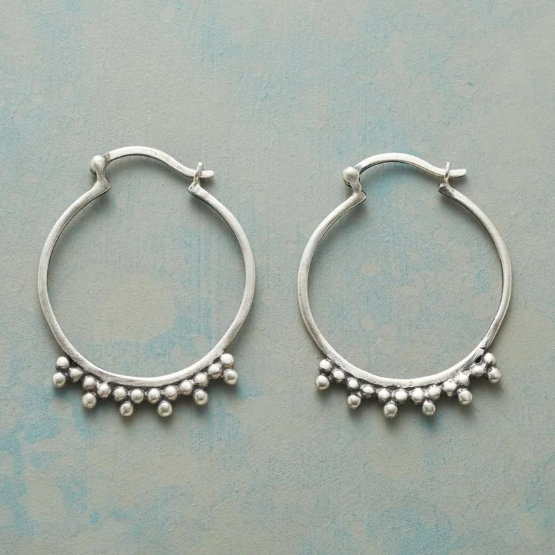 Women’s Silver Color Hoop Earrings Manual Carved Beads Loop Jewelry