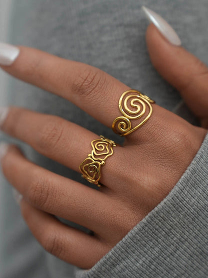 Stainless Steel Spiral Open Ring for Women – 18K Gold Plated Adjustable Waterproof Jewelry