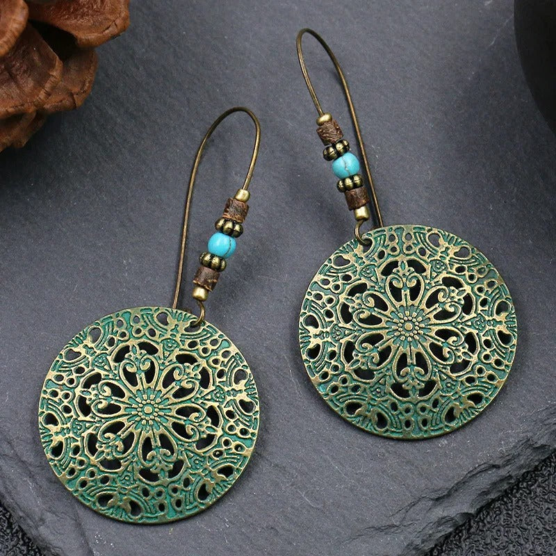 Ethnic Vintage Big Ear Hook Drop Earrings For Women Geometric Leaf Wing Flower Hollow Round Boho Earrings Antique Jewelry