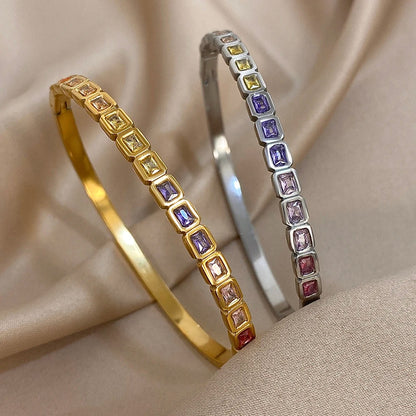 Colorful Zircon Square Beads Stainless Steel Bracelets for Women Trendy Gold Silver Color Stacked Cuff Bangle Waterproof Jewelry