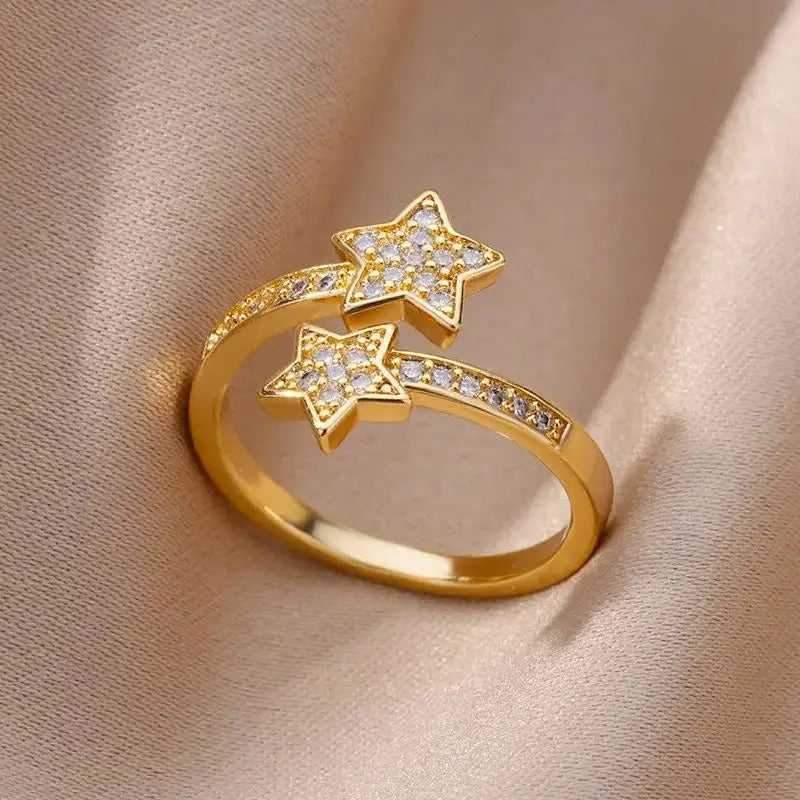 Zircon Double Star Ring Trendy Y2K Gold Stainless Steel Jewelry for Women & Girls 2025