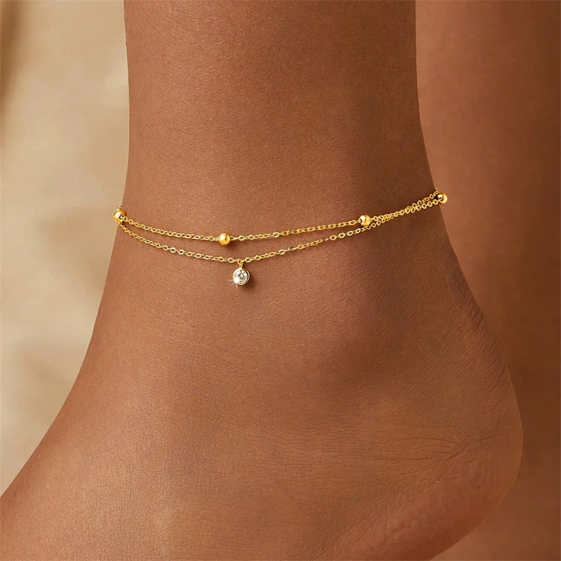 Minimalist Beaded Zircon Charm Double Layer Anklet Women