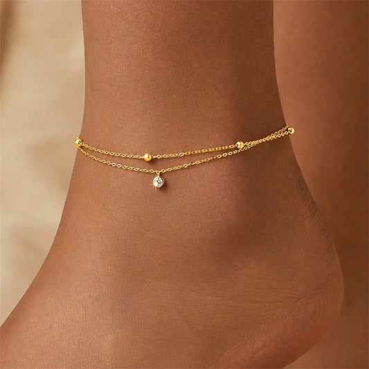 Kuziduocai 18K Gold-Plated Stainless Steel Double Layer Anklet Minimalist Beaded Zircon Charm Women’s Jewelry