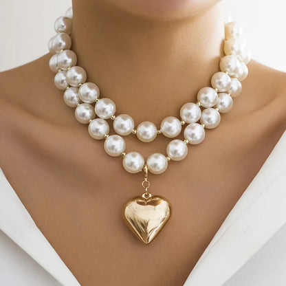2Pcs Goth Pearl Beads Necklace Women Heart Pendant Choker