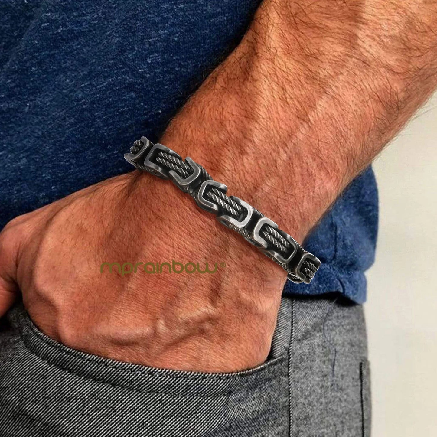 Men’s Chunky Byzantine Bracelet 8mm Grey Stainless Steel Wristband