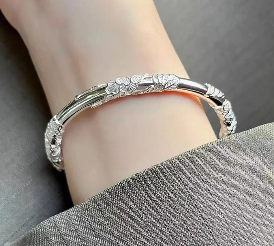 925 Sterling Silver Flower Bangle Women’s Adjustable Bracelet
