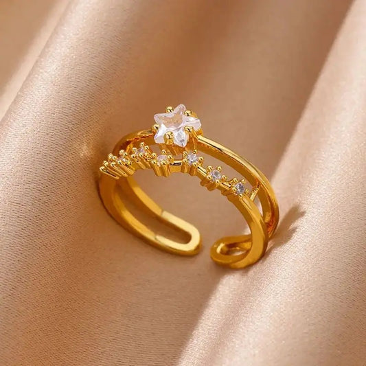 Gold Star Zircon Ring Stainless Steel Luxury Wedding Jewelry for Women 2025