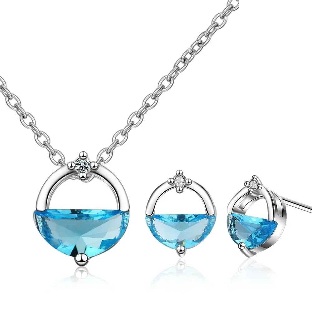 Elegant Blue Crystal Earrings & Necklace 925 Silver Women