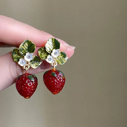 3D Strawberry Fruit Earrings with Green Leaves for Girls
