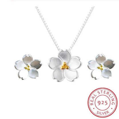Wedding Bridal 925 Sterling Silver Cherry Flower Earrings Necklaces Jewelry Sets for Women Girls Party Gifts Pendientes