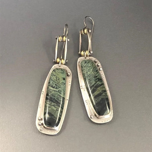 Trendy Long Carving Green Pattern Hook Earrings for Women Vintage Metal Two Tone Square Dangle Earrings Jewelry