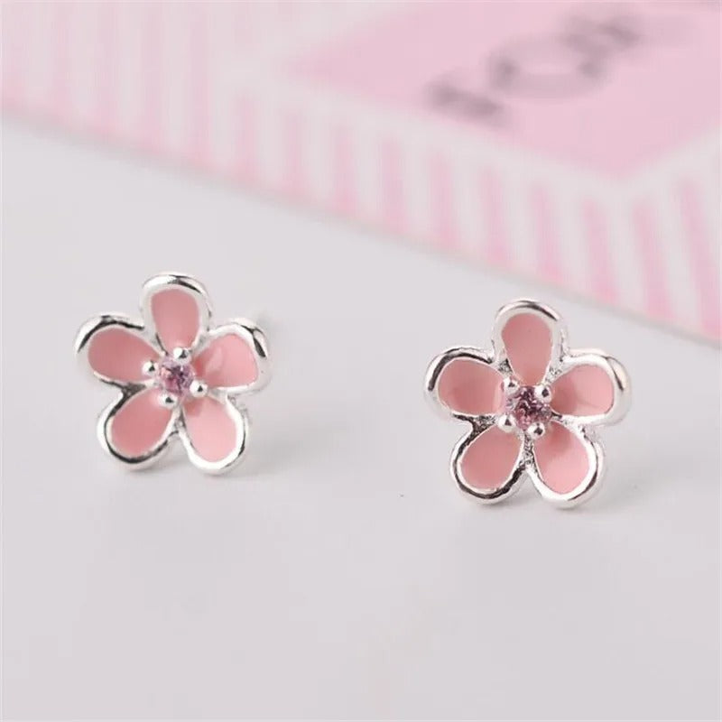 Cute Floral Sterling Silver Pink Crystal Stud Earrings for Women