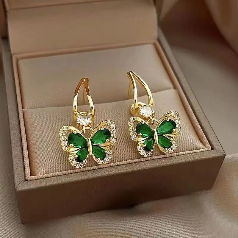 Green CZ Butterfly Drop Earrings Women Party Fashion Jewelry