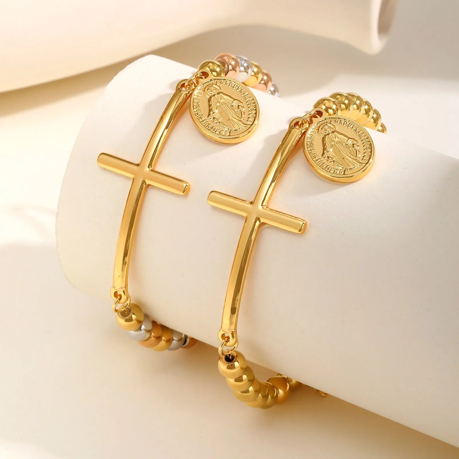 Cross St. Benedict Oval Plate Bracelet for Women,Three-color Beaded Chain Bracelet,Stainless Steel Waterproof Jewelry Gift