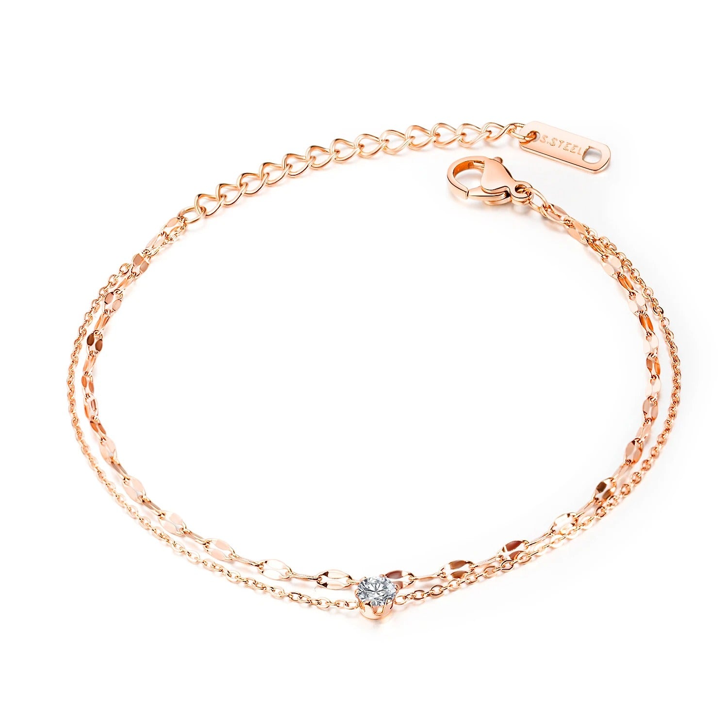 Women Stainless Steel Bracelet Cubic Zirconia Adjustable Chain Link Rose Gold Color For Anniversary Party Sister Jewelry Gift