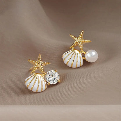 Cute Asymmetric Starfish Earrings with Pearl & Rhinestone