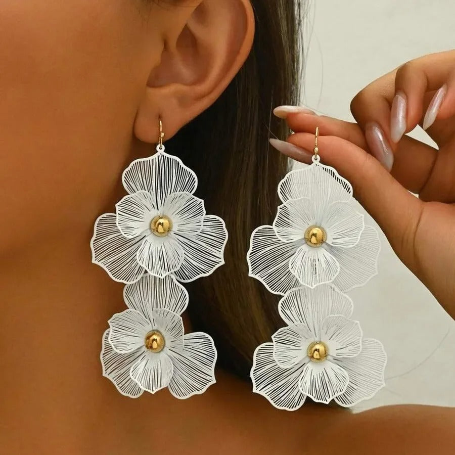 Exaggerated Large Double Flower Drop Earrings Lightweight Pearl Party Fashion Dangle Earrings