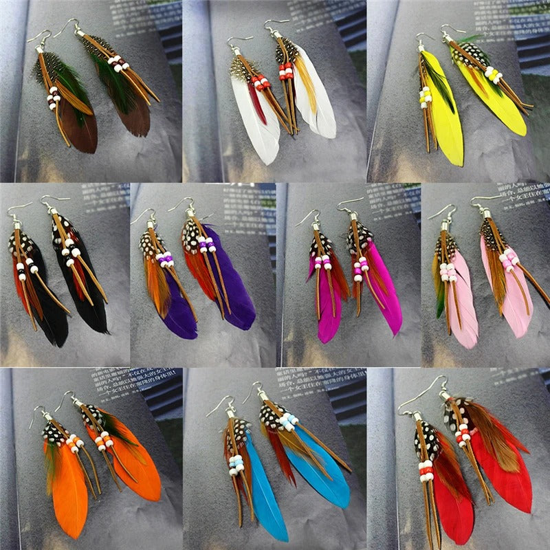 Colorful Feather Tassel Earrings 1 Pair Leather Beads Jewelry