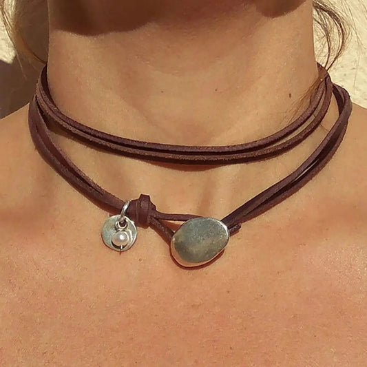 1Pc Retro Round Brand Simple Bohemian Style Leather Rope Metal Imitation Pearl Brown Silver Color Necklace Woman Party Daily