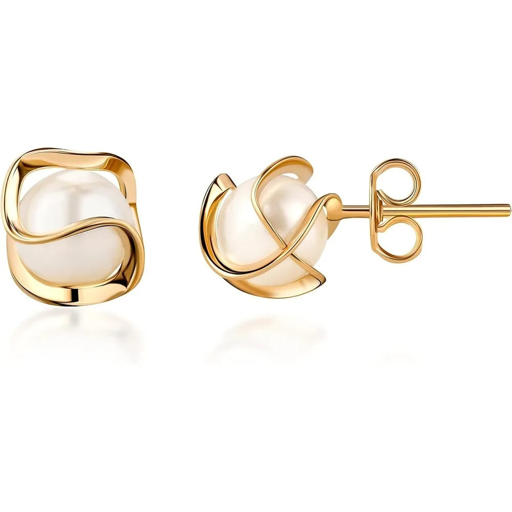 AAA+ 8mm Fresh Water Pearl, Trendy Gold Plated Caged Pearl Stud Earrings For Women Gold Earring For Women Wedding Gift