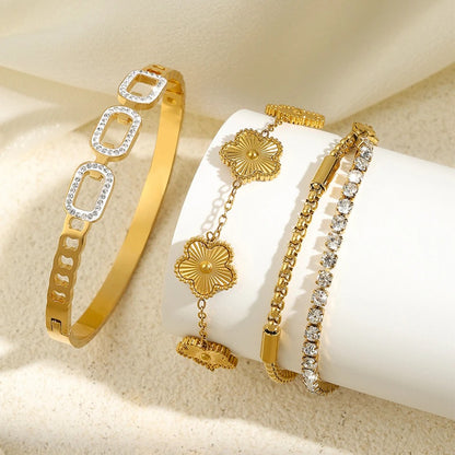 Women’s Gold Stacked Bangles Stainless Steel Five-Leaf Flower Set