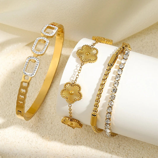 3Pcs Gold Color Stainless Steel Stacked Bracelet Bangles for Women Geometric Five-Leaf Flower Zircon inlaid Bracelet Gift