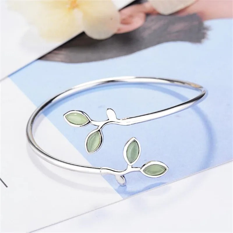 New Beautiful Sprout Exquisite Korean Style Fashion 925 Sterling Silver Jewelry Bracelets Literary Leaves Crystal Bangles